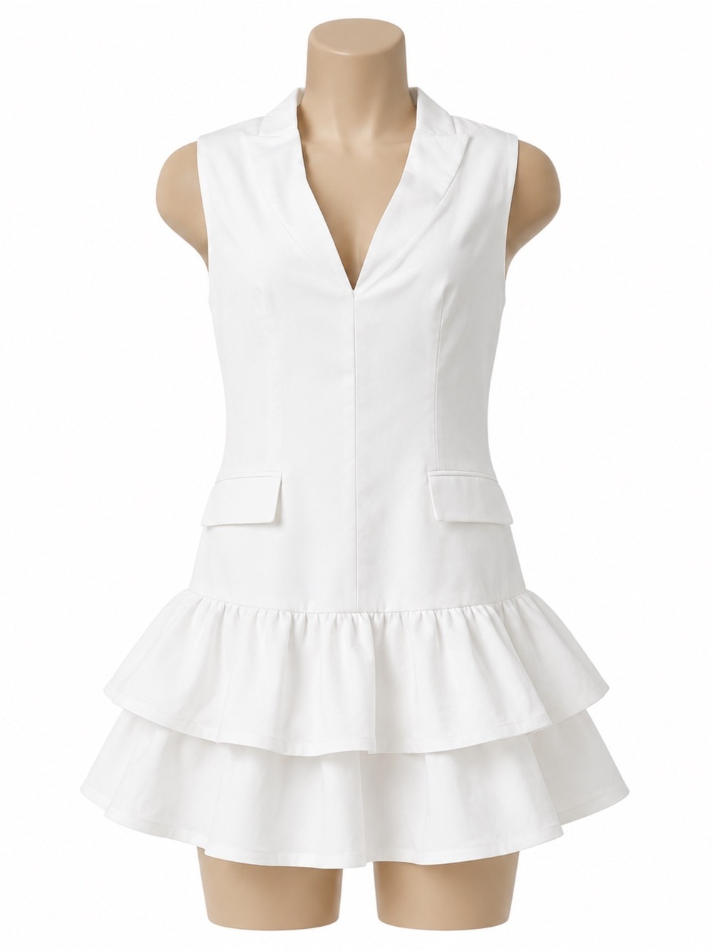 Fashion Nova Off White Women’s L Sleeveless Ruffle Hem Mini Dress V-Neck Lined